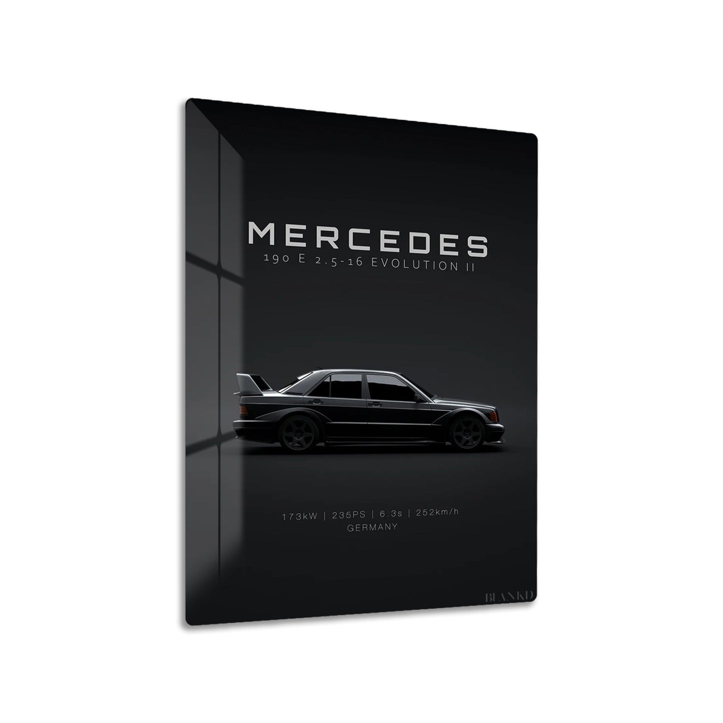 Mercedes-Benz 190E Evo II metal poster on living room wall
