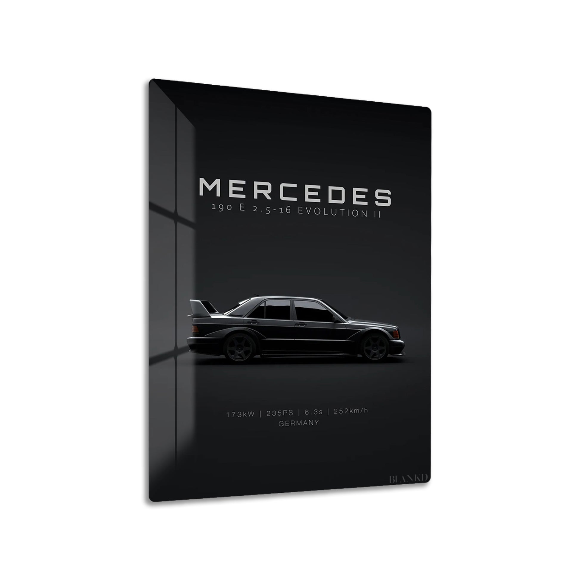 Mercedes-Benz 190E Evo II metal poster on living room wall
