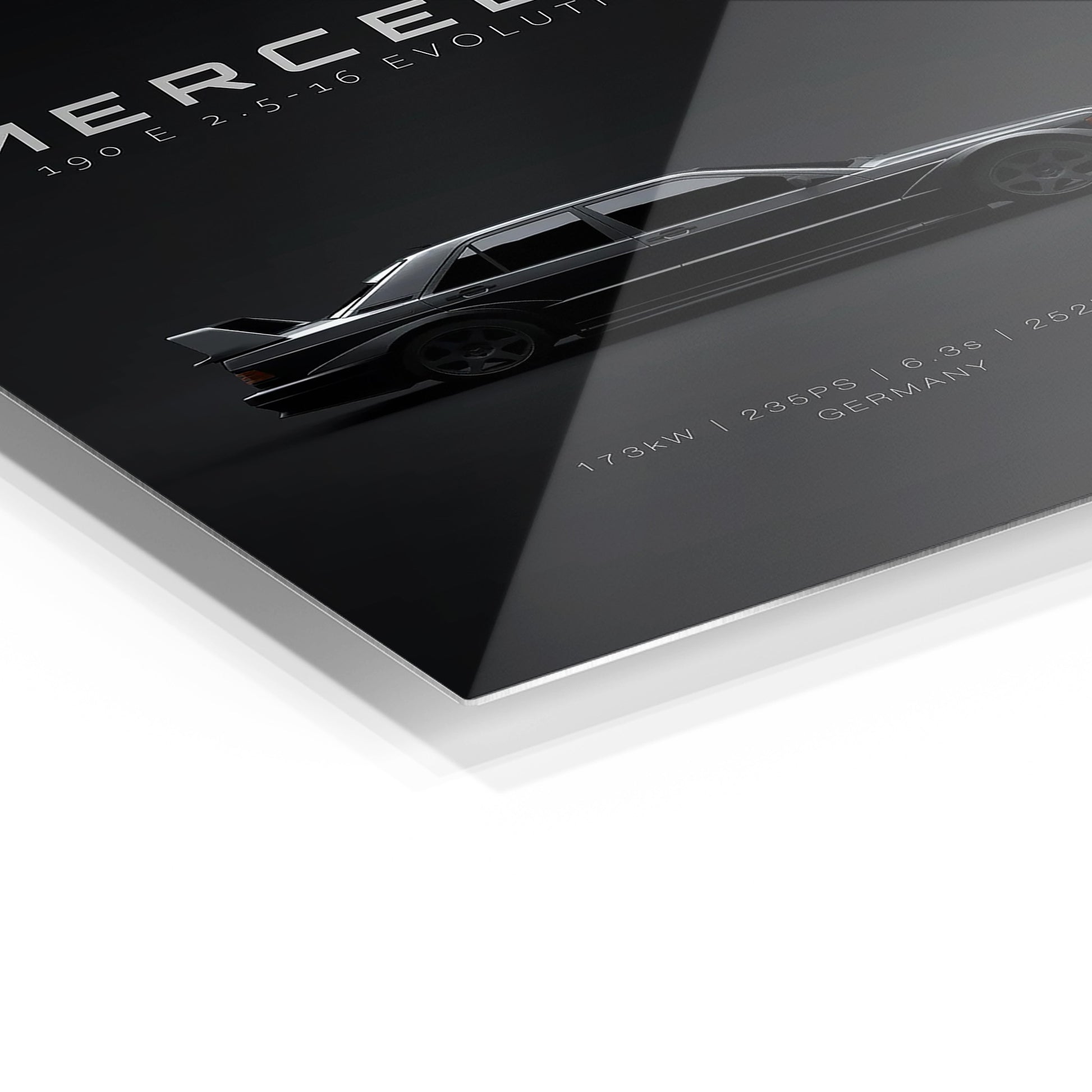 Mercedes-Benz 190E Evo II metal wall art in a modern interior