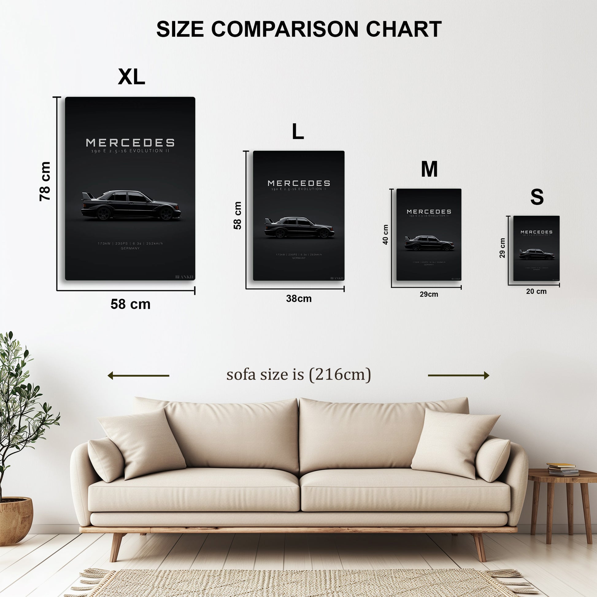 Mercedes-Benz 190E Evo II metal wall art in styled room setting