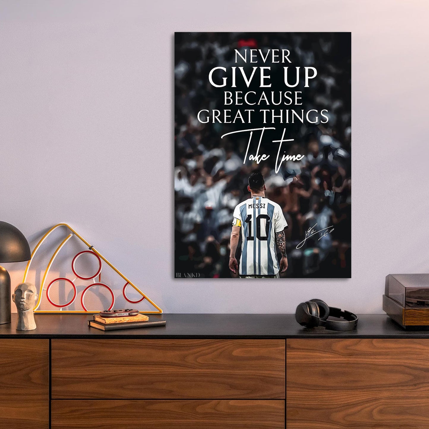 Messi Never Give Up metal poster