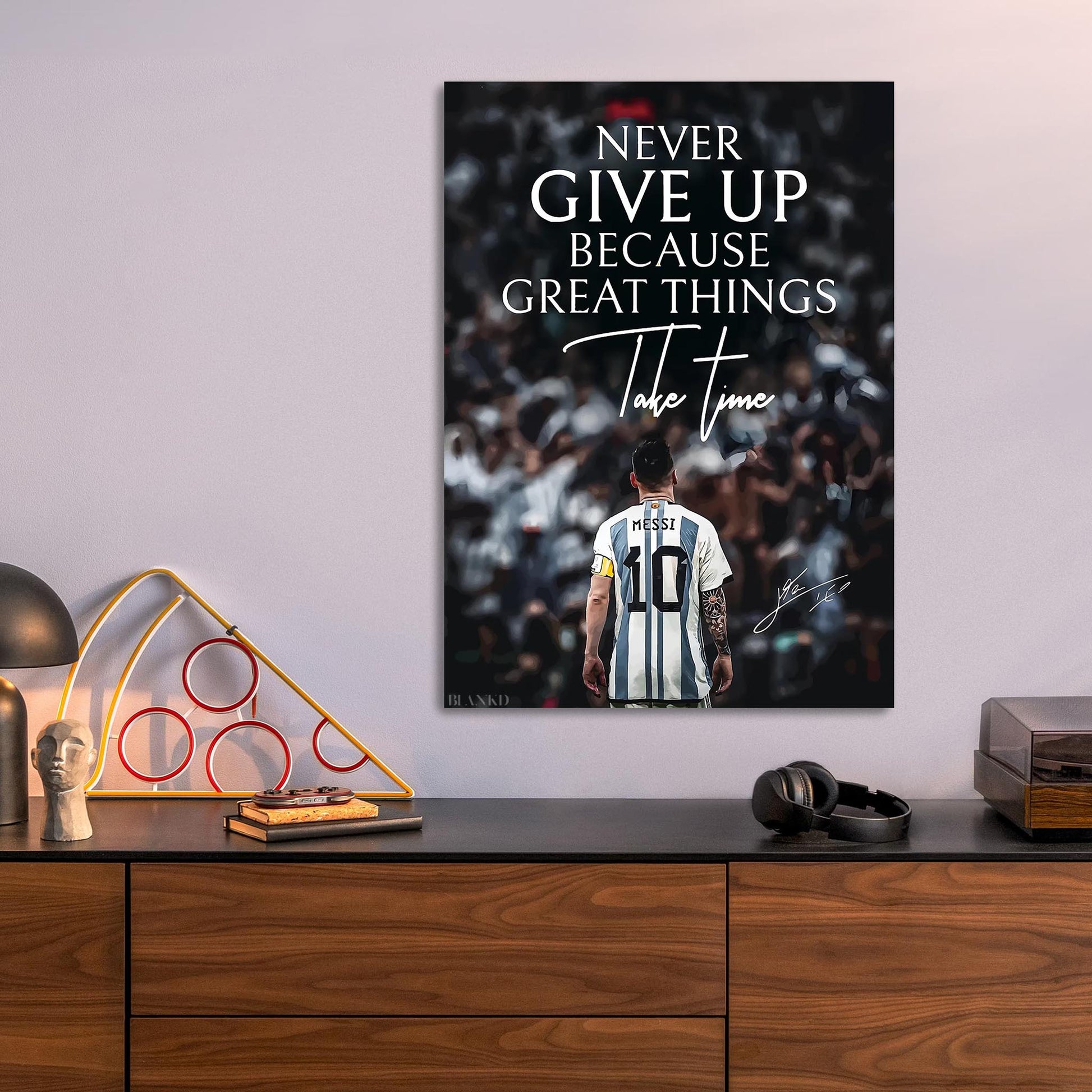 Messi Never Give Up metal poster