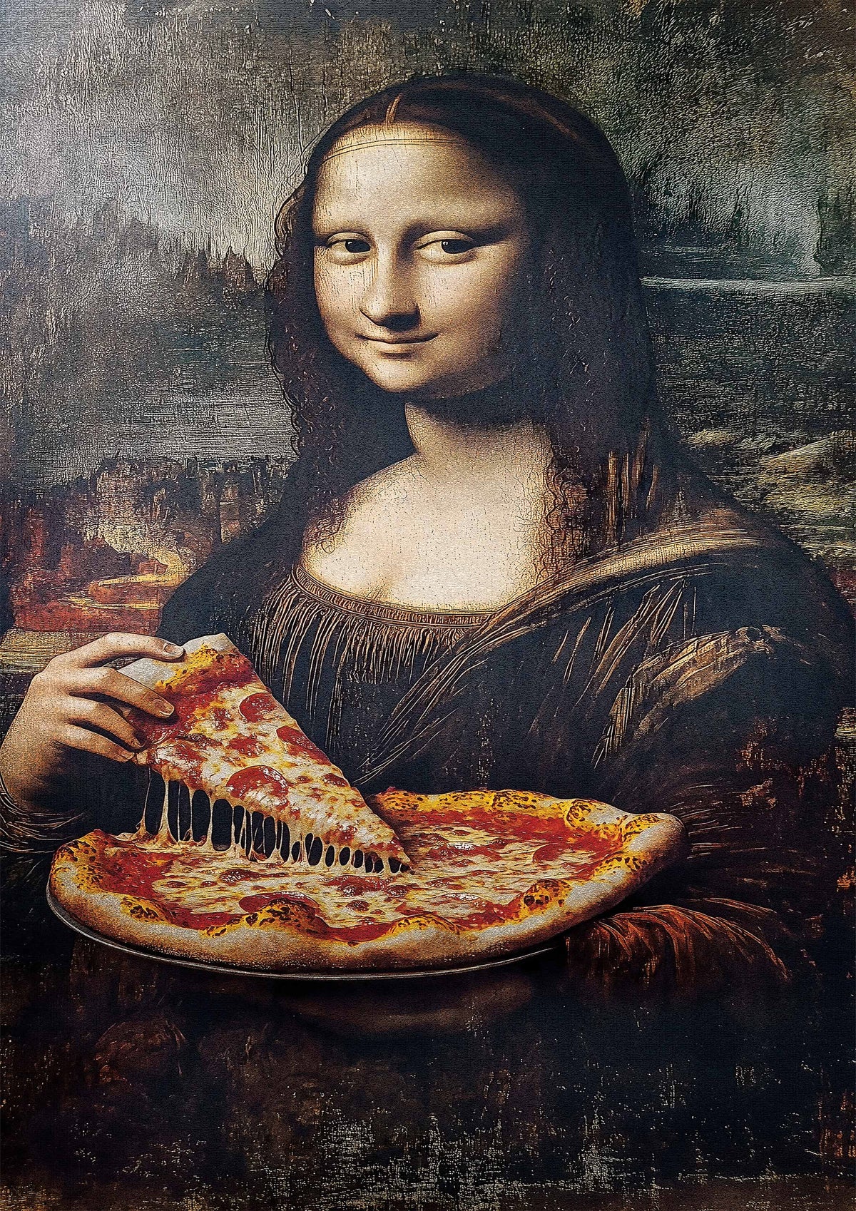 Mona Lisa Eating Pizza metal poster artwork
