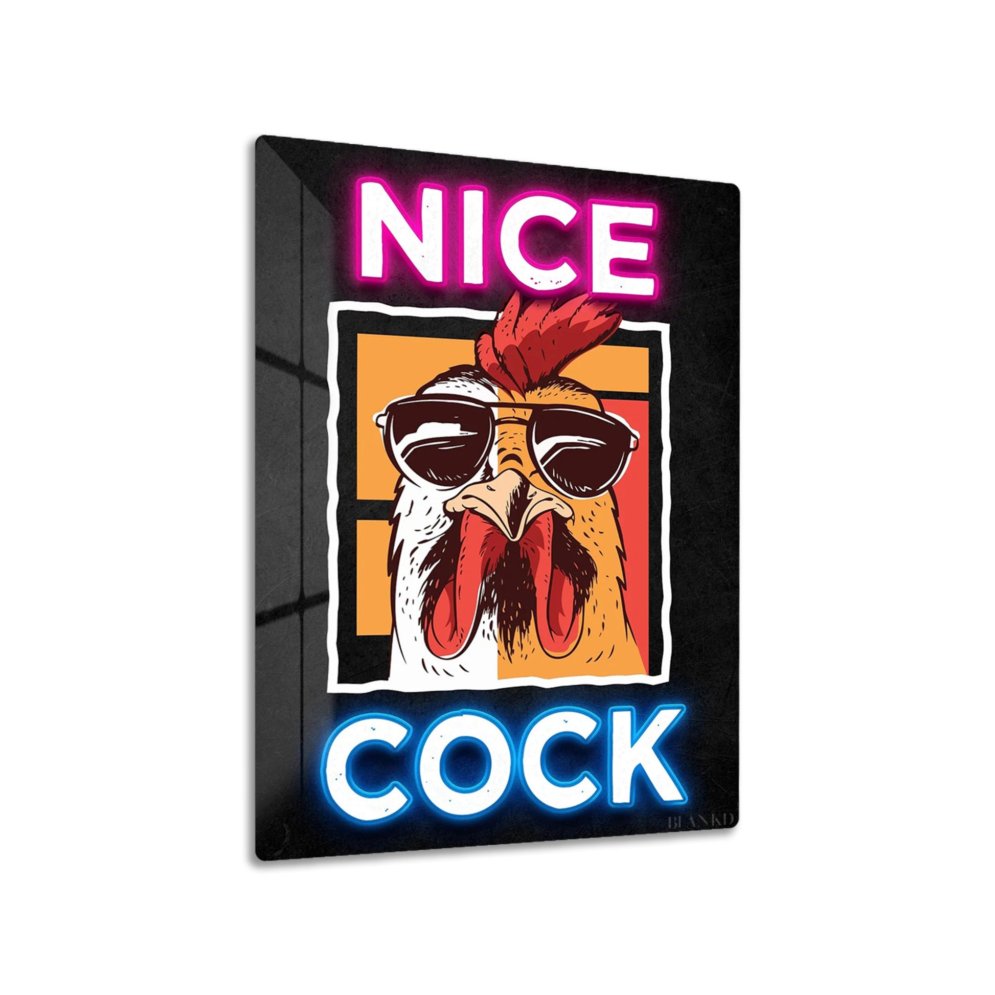 Proud Rooster metal poster on living room wall