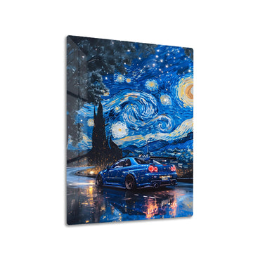 Nissan R34 Starry Night metal poster on living room wall