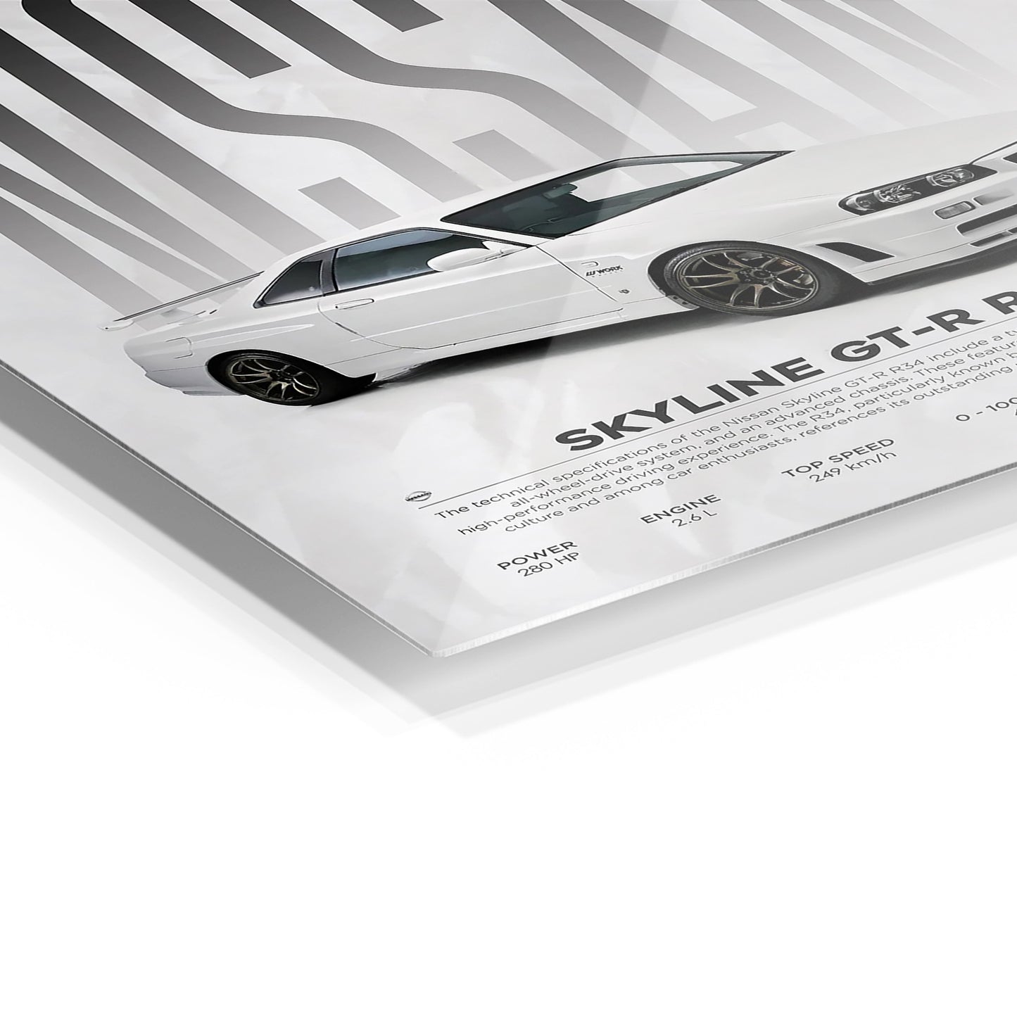 Nissan Skyline GT-R R34 metal wall art in a modern interior