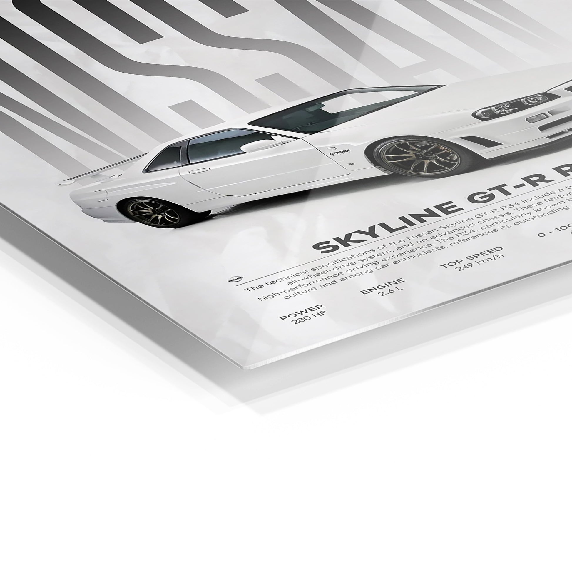 Nissan Skyline GT-R R34 metal wall art in a modern interior