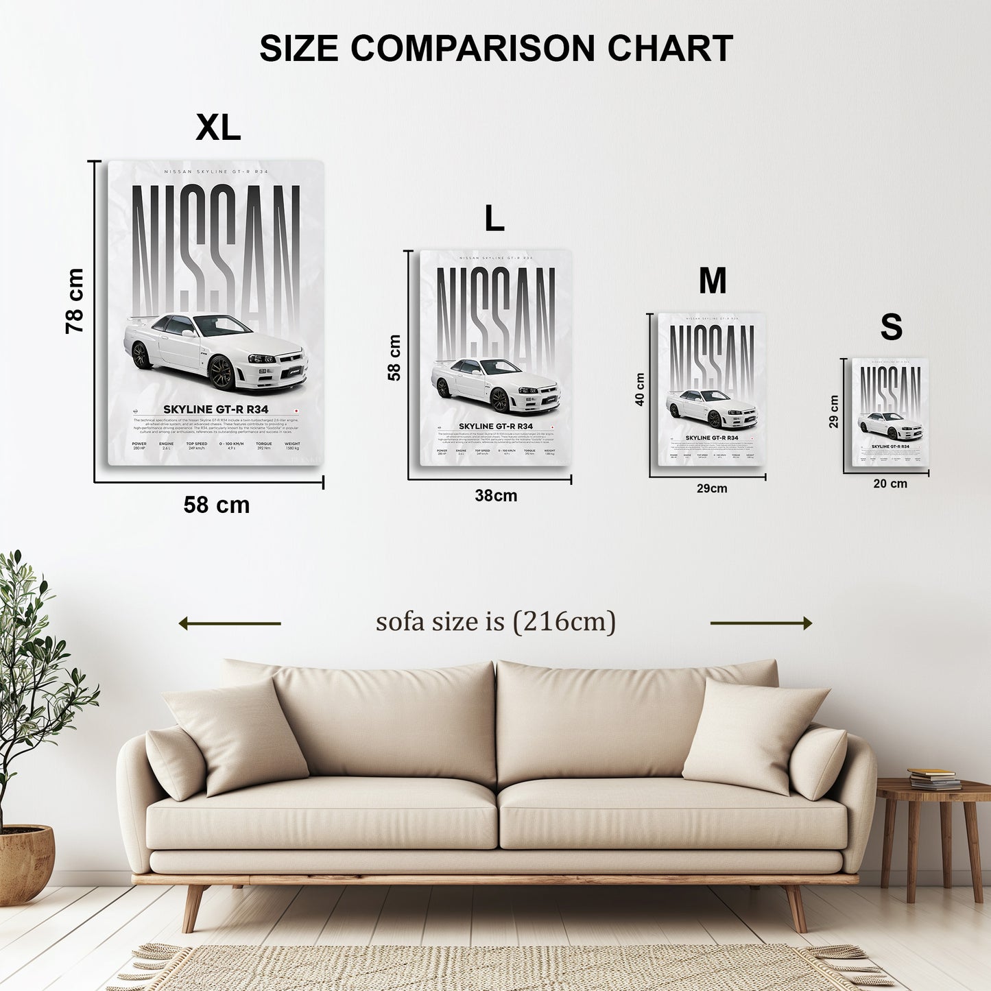 Nissan Skyline GT-R R34 metal wall art in styled room setting
