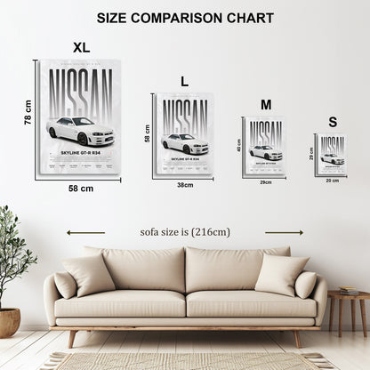 Nissan Skyline GT-R R34 metal wall art in styled room setting