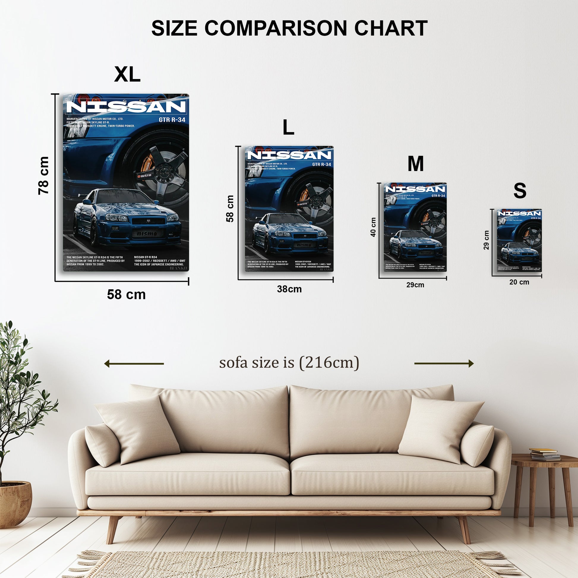 Nissan Skyline GT-R R34 II metal wall art in styled room setting