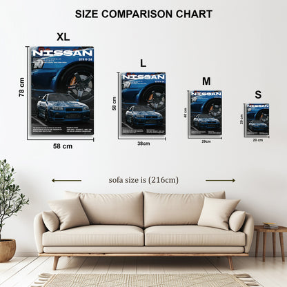 Nissan Skyline GT-R R34 II metal wall art in styled room setting