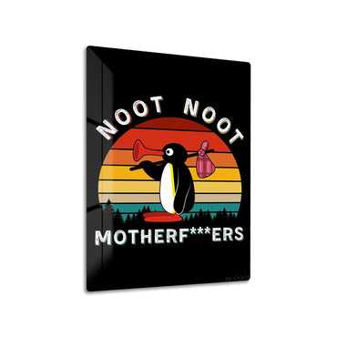Noot Noot metal poster on living room wall