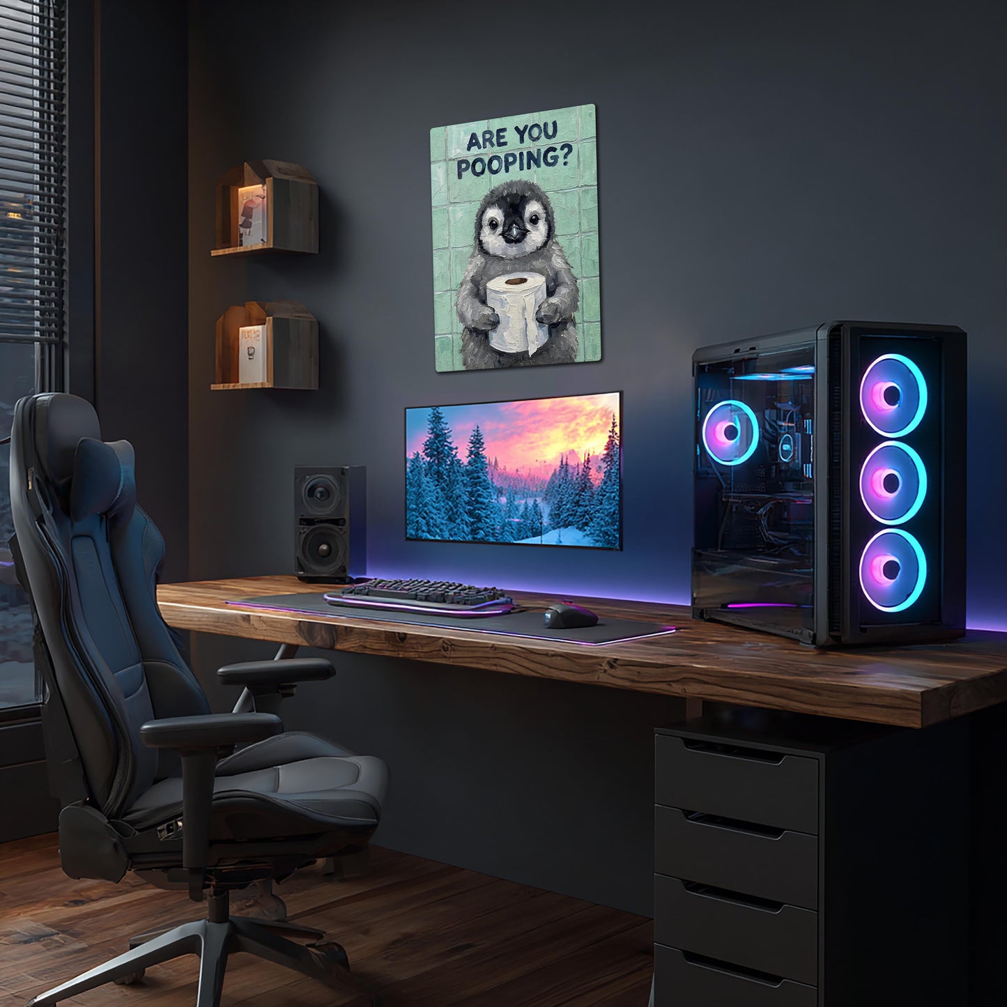 Penguin with Toilet Paper metal poster