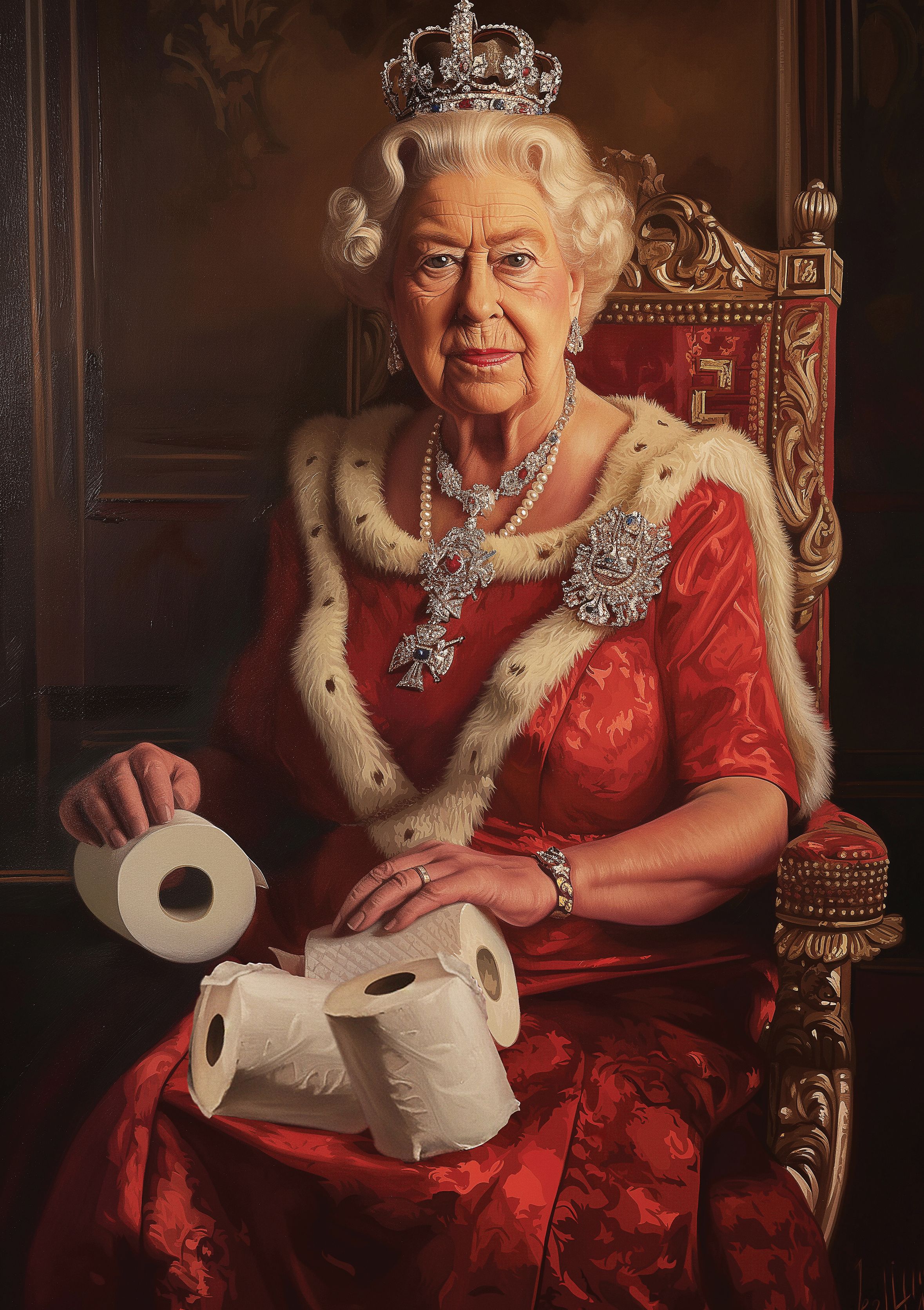 Queen Elizabeth With Toilet Paper metal poster artwork