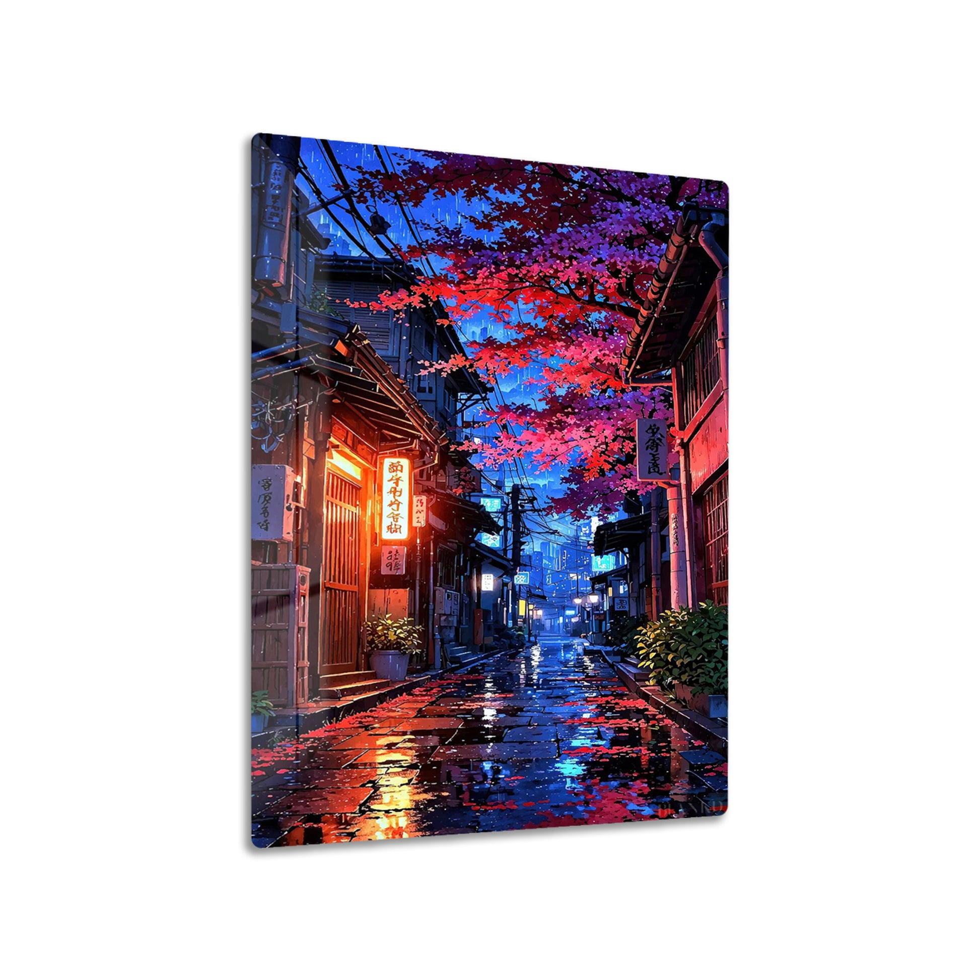 Rainy Japanese Street metal poster on living room wall
