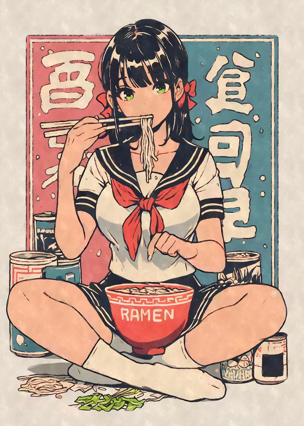 Retro Anime Girl Ramen metal poster artwork