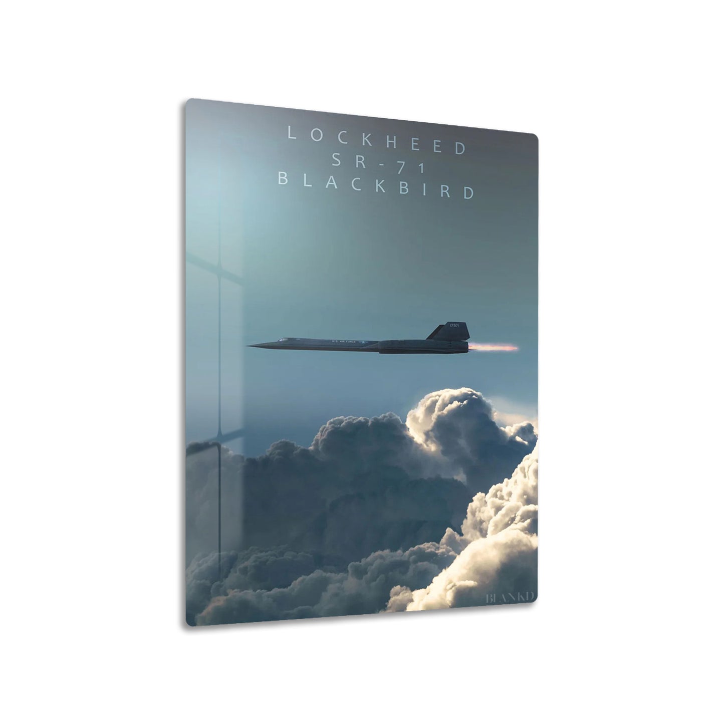 SR-71 Blackbird metal poster on living room wall