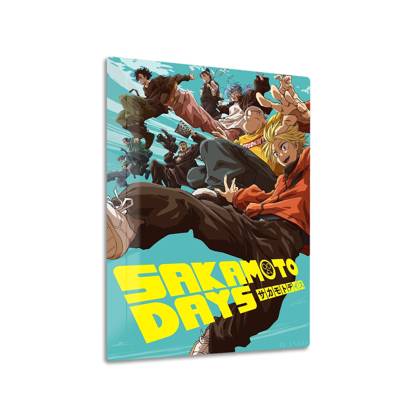 Sakamoto Days Cast metal poster on living room wall