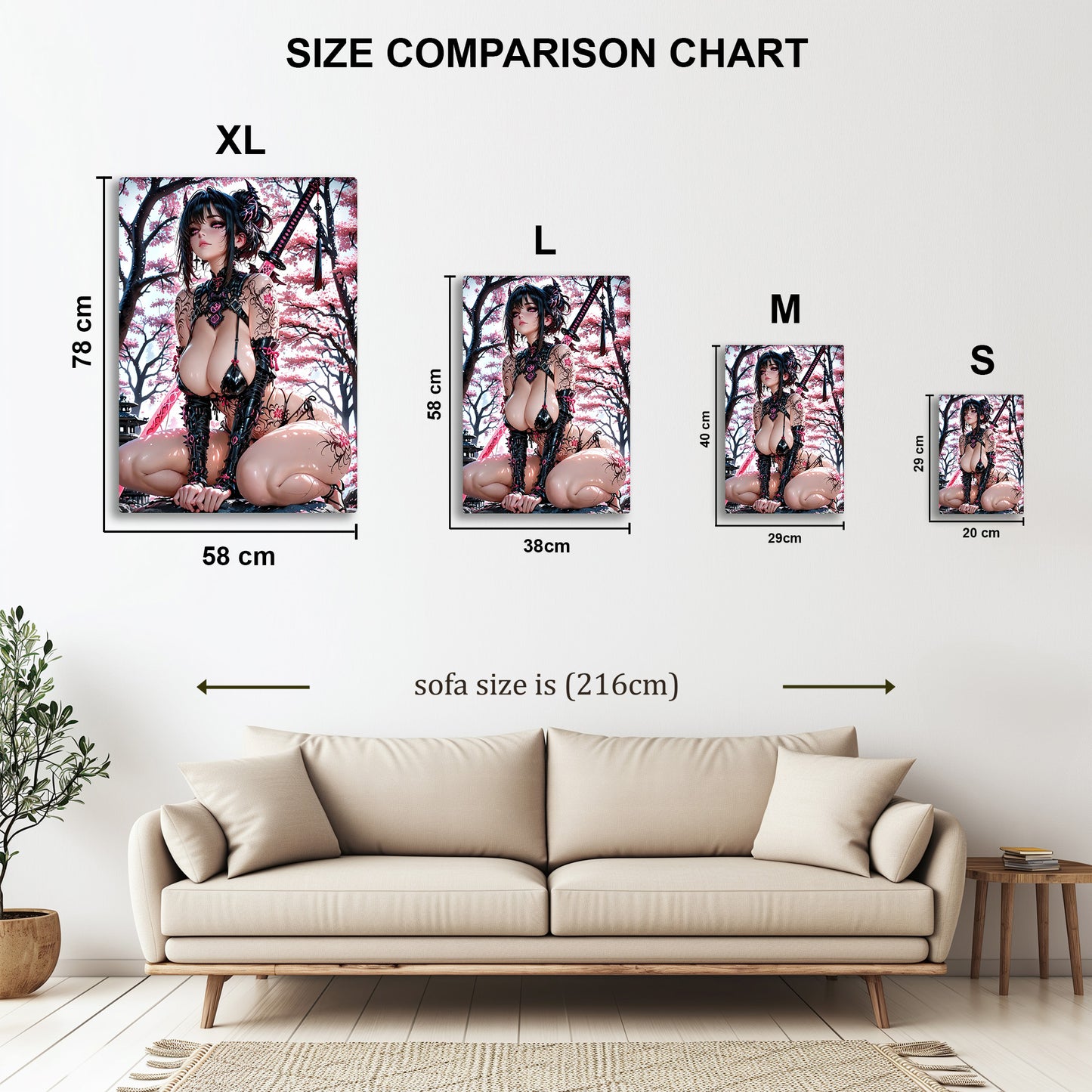 Samurai Girl in Blossoms metal wall art in styled room setting