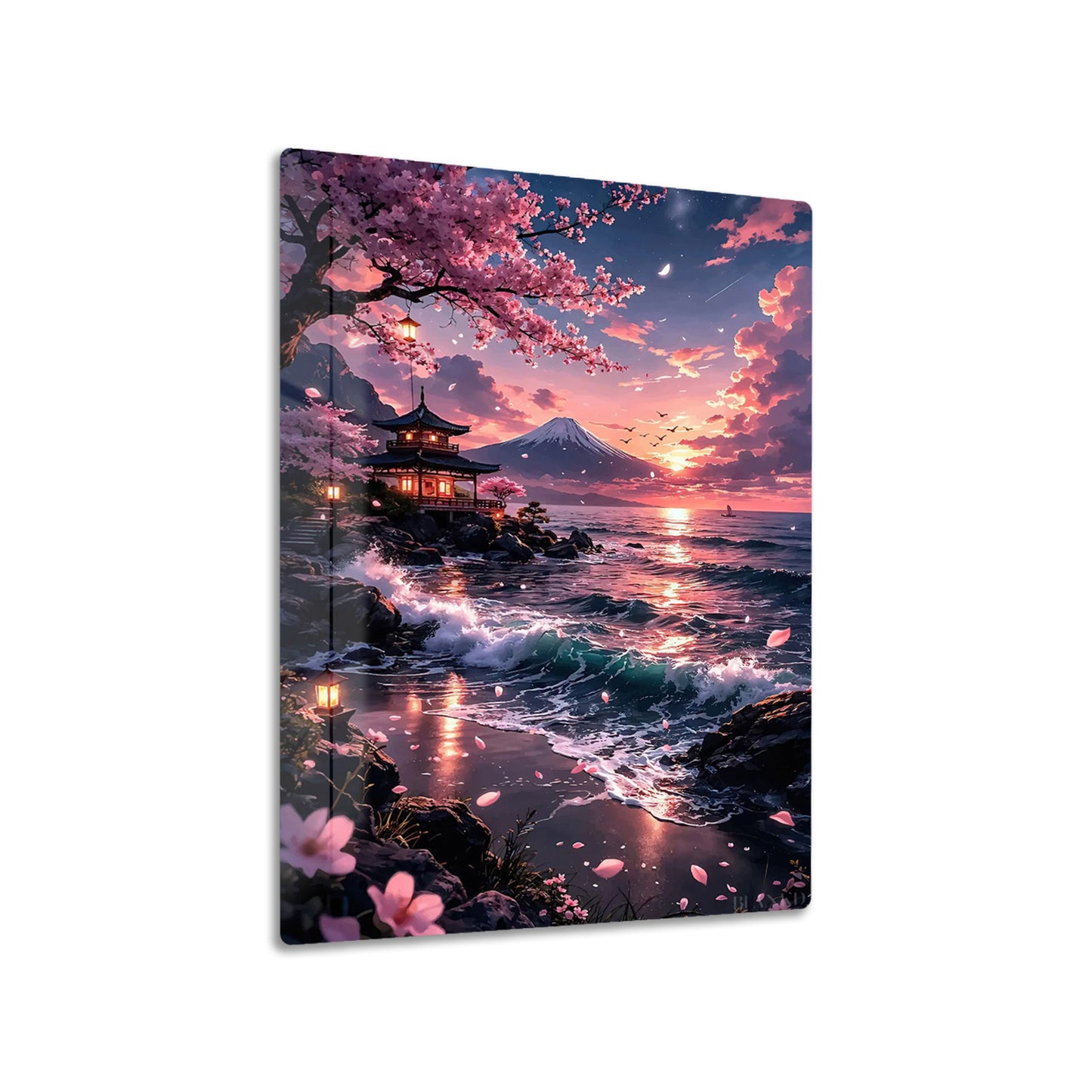 Japanese Sunset metal poster on living room wall