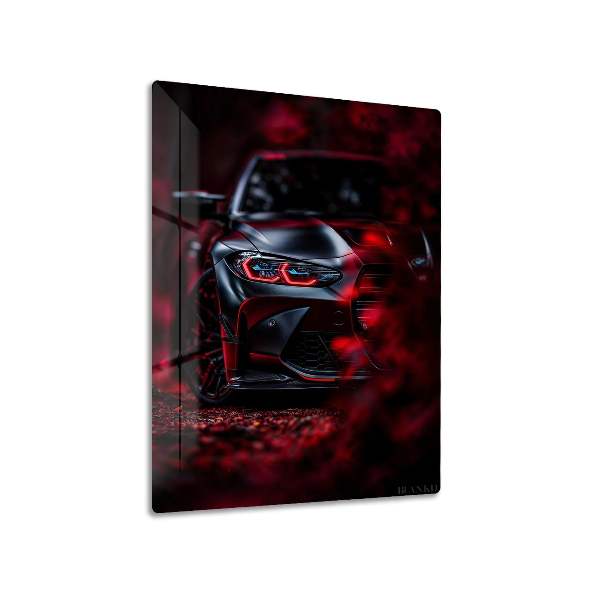 Black Sports Car in Autumn metal poster on living room wall
