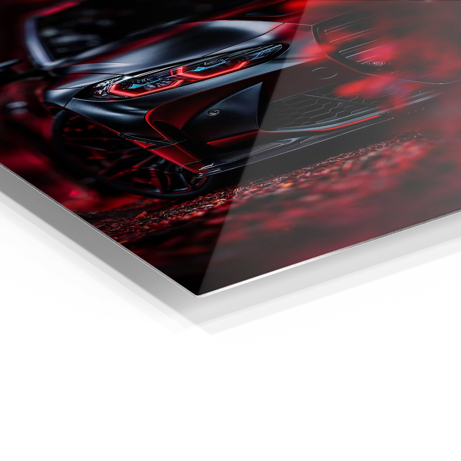 Black Sports Car in Autumn metal wall art in a modern interior