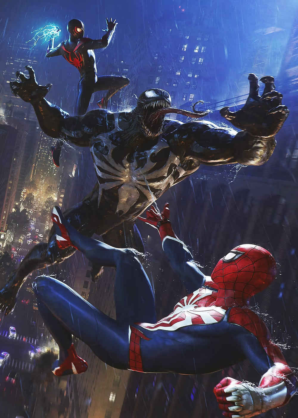 Spider Men and Miles Morales vs. Venom metal poster artwork