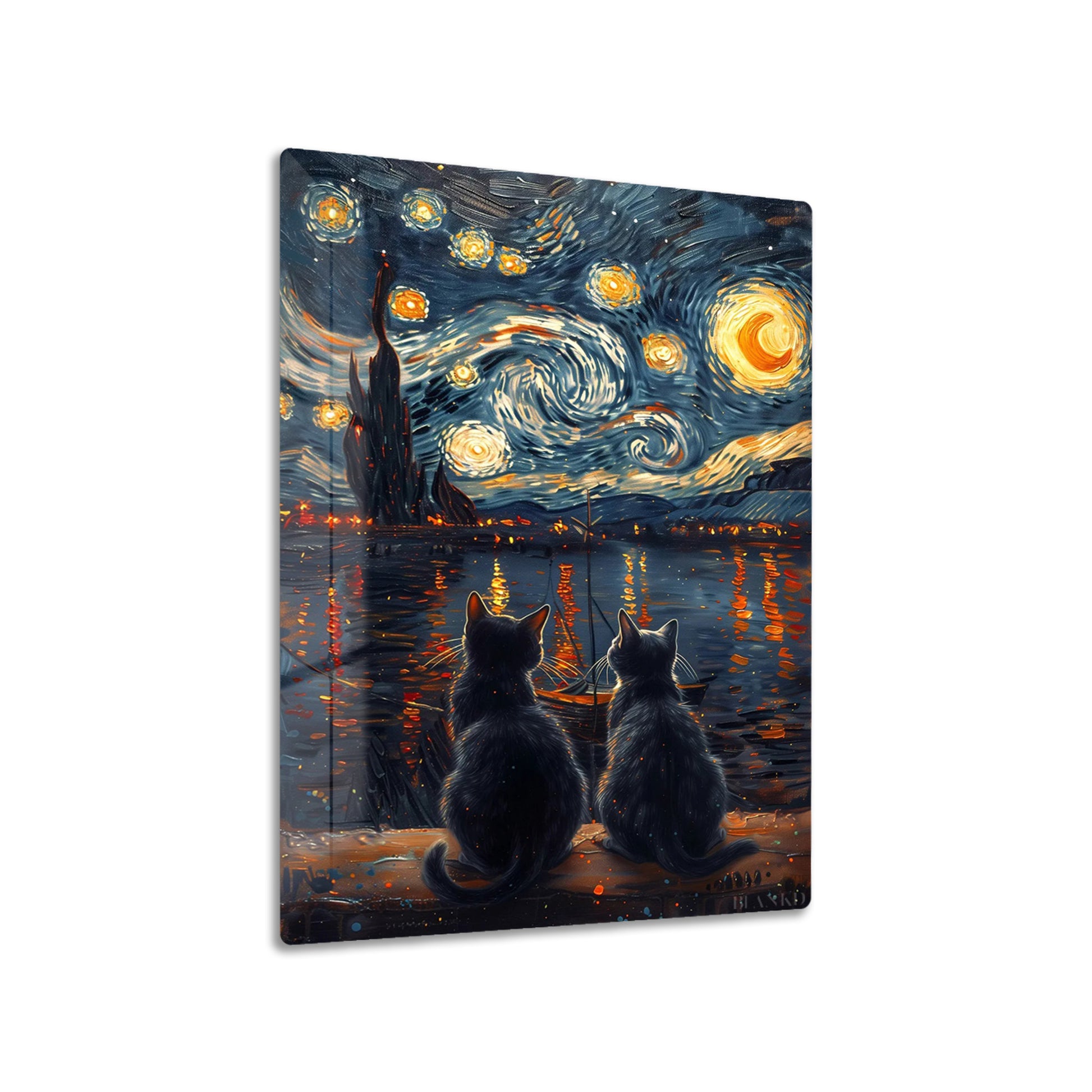Starry Night Cats metal poster on living room wall