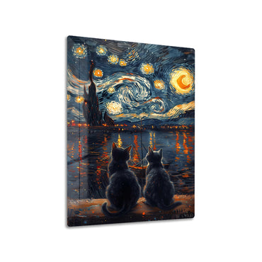 Starry Night Cats metal poster on living room wall