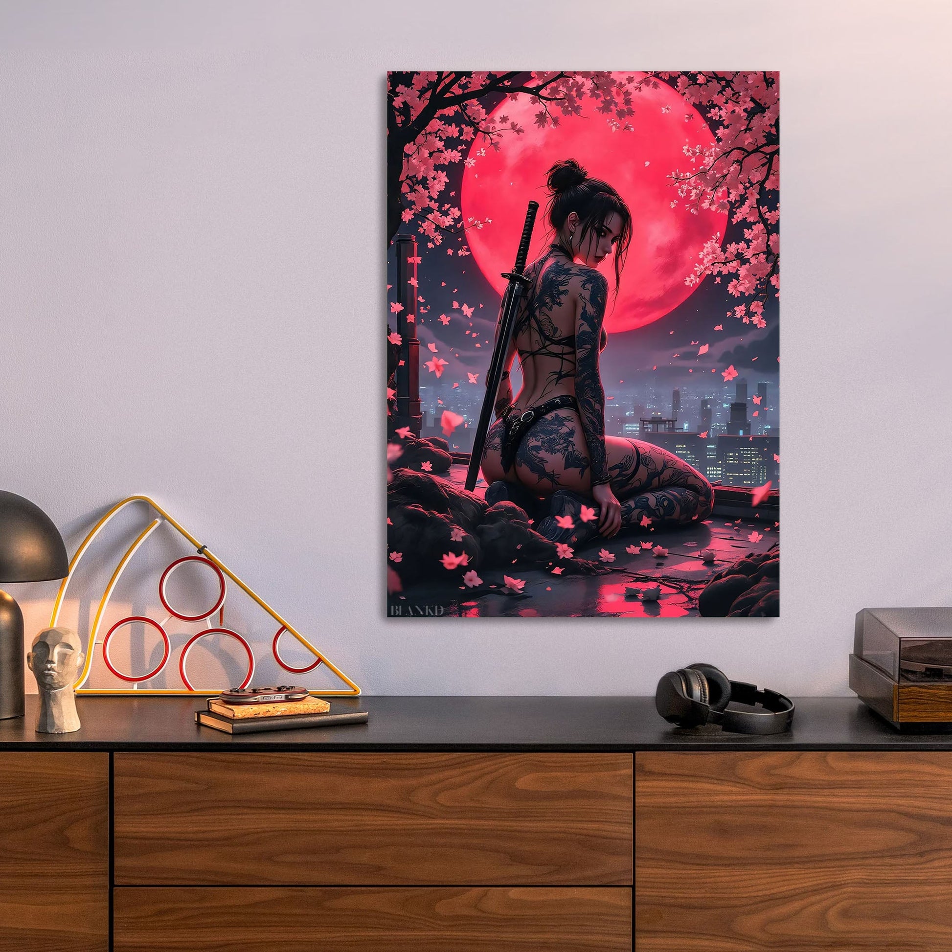 Tattooed Warrior Under Blood Moon