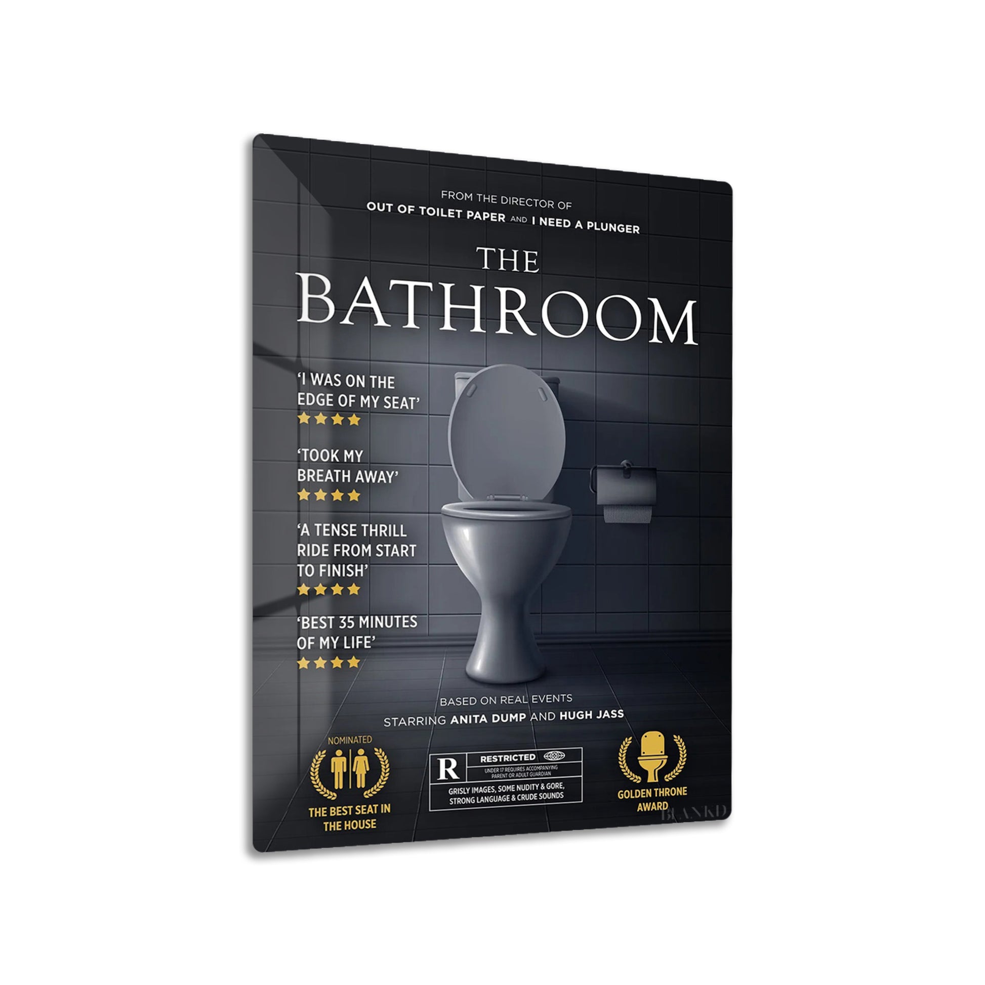 The Bathroom metal poster on living room wall