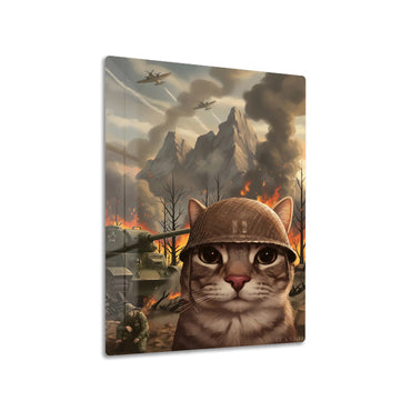 Thousand Yard Stare Cat metal poster on living room wall