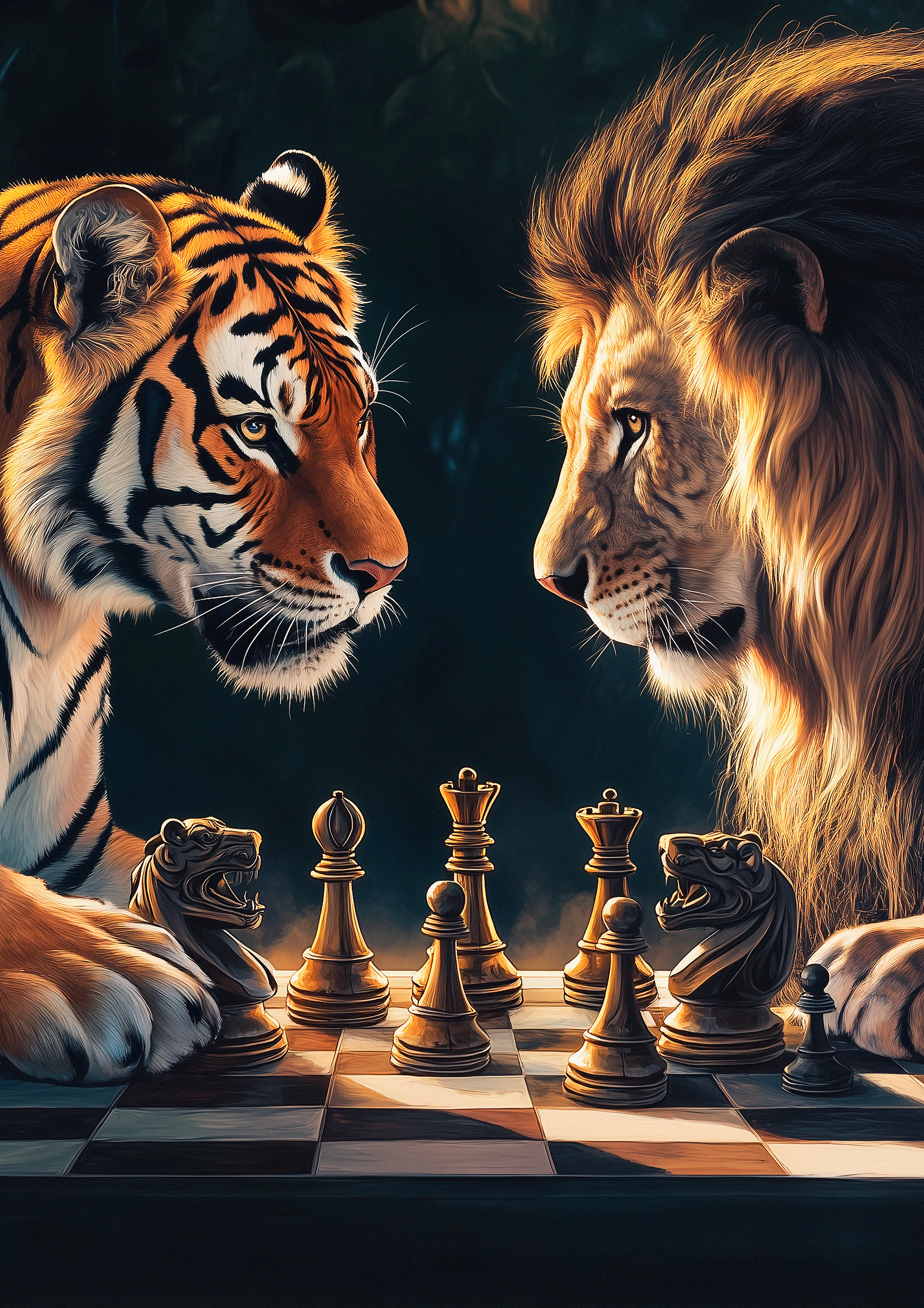 Tiger & Lion Chess Game metal poster artwork
