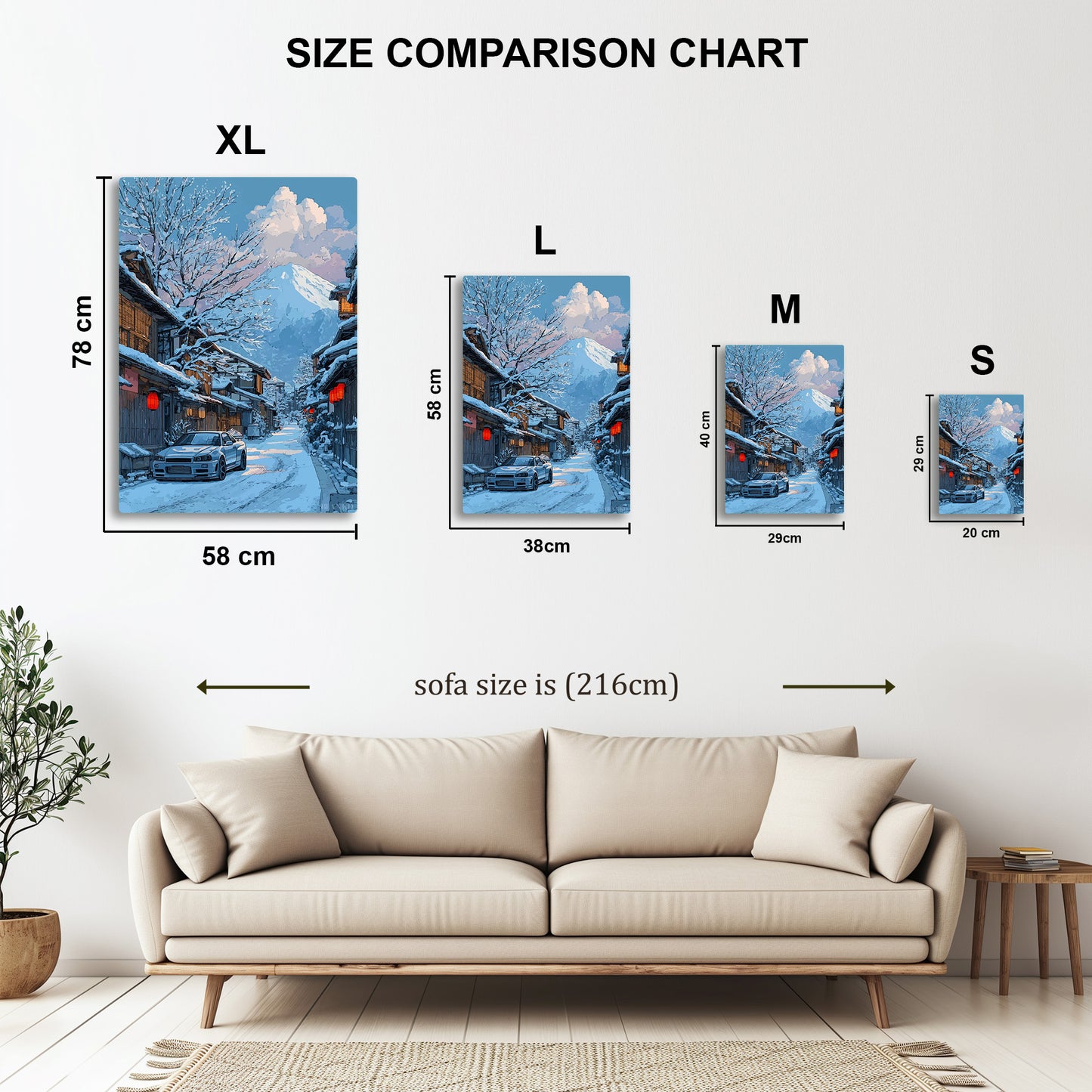 Winter Japanese Street metal wall art in styled room setting