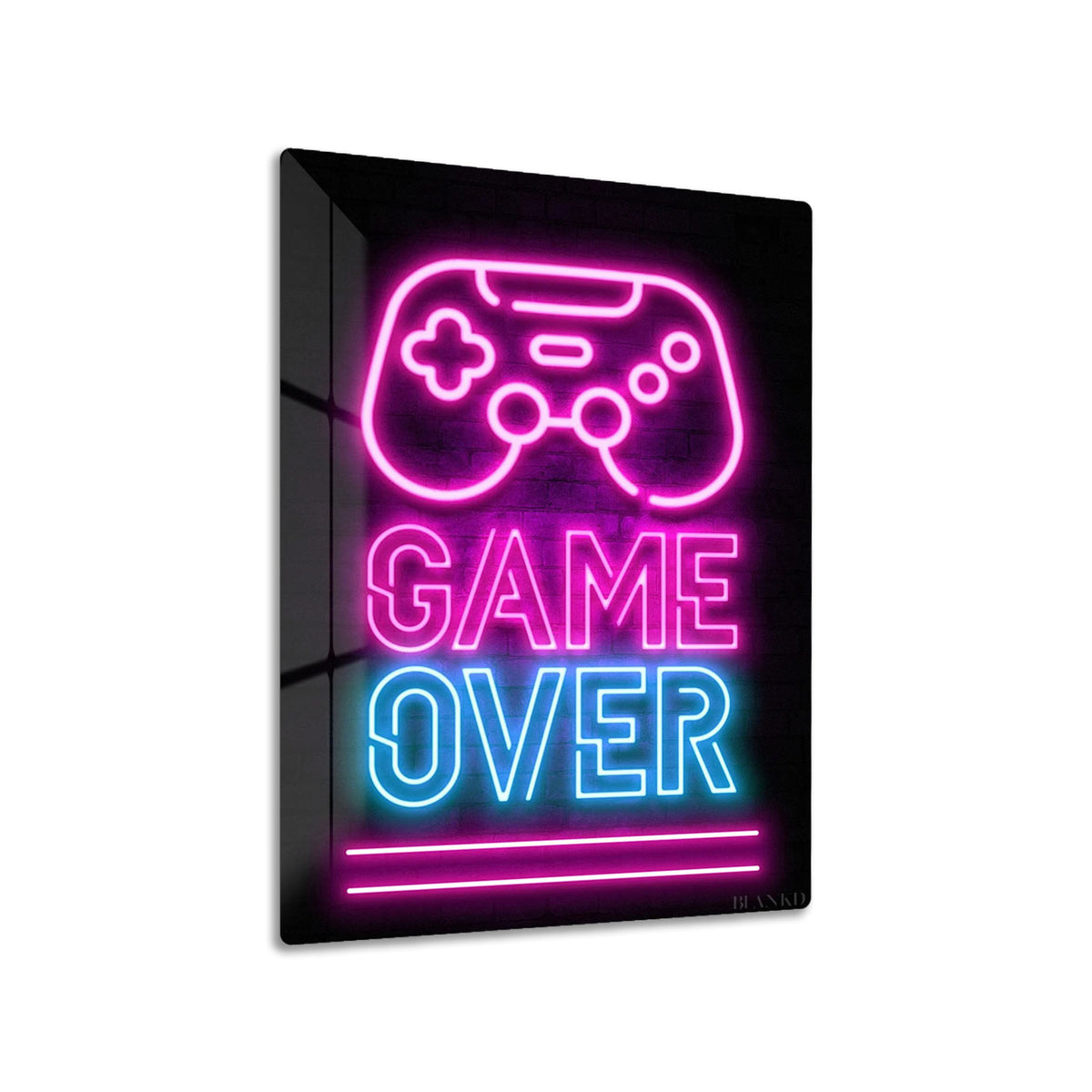 Game Over metal poster on living room wall