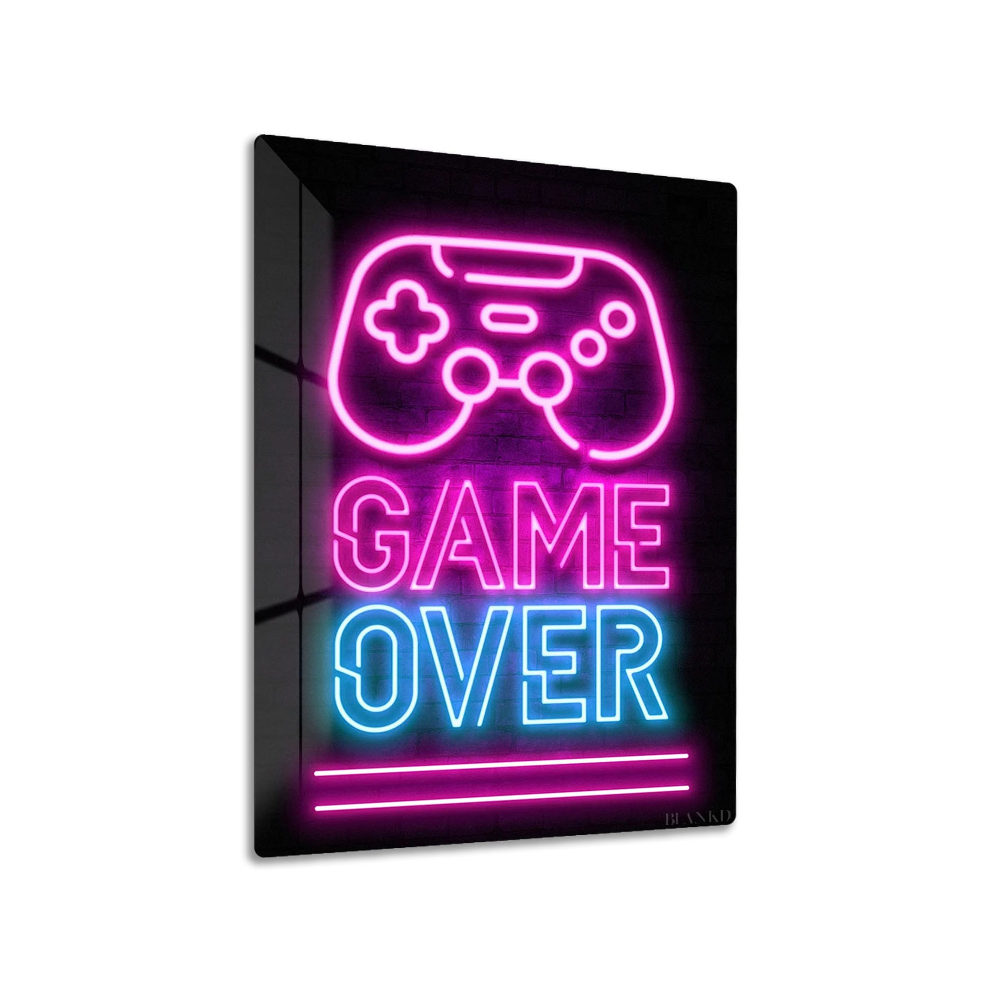Game Over metal poster on living room wall