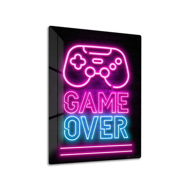 Game Over metal poster on living room wall