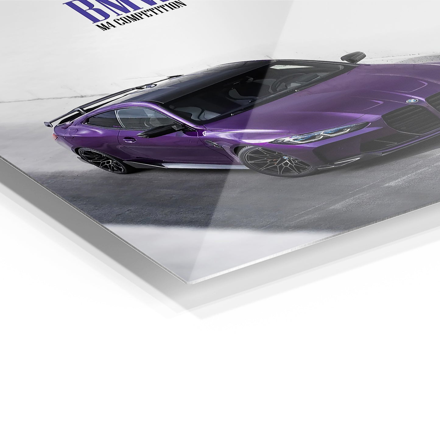 BMW M4 Competition Purple metal wall art in a modern interior