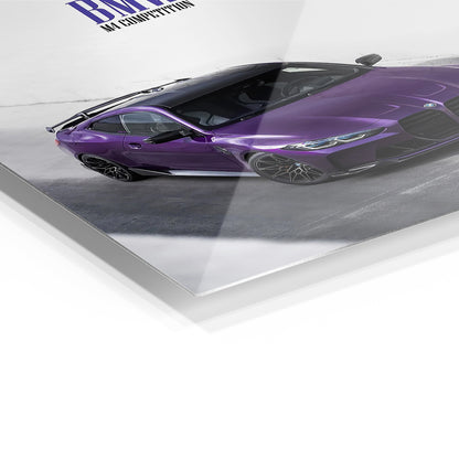 BMW M4 Competition Purple metal wall art in a modern interior