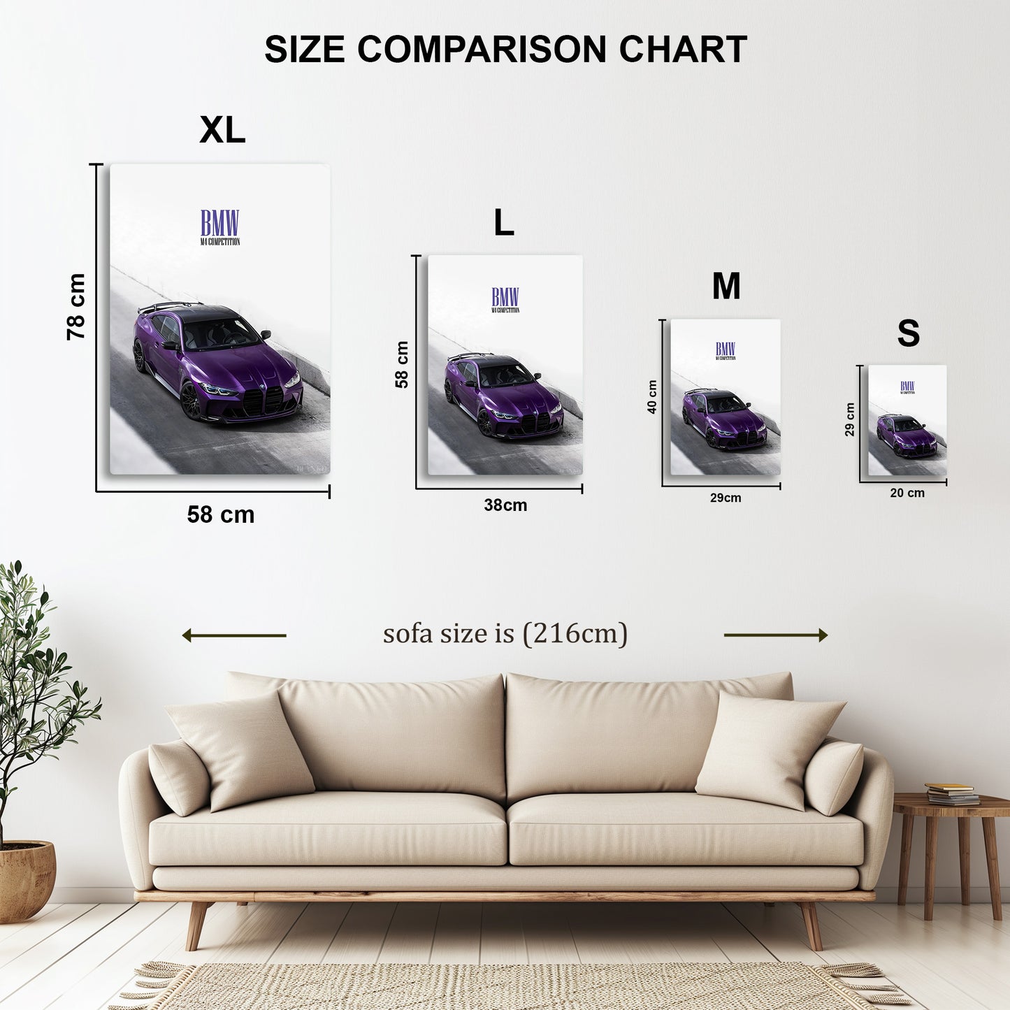 BMW M4 Competition Purple metal wall art in styled room setting