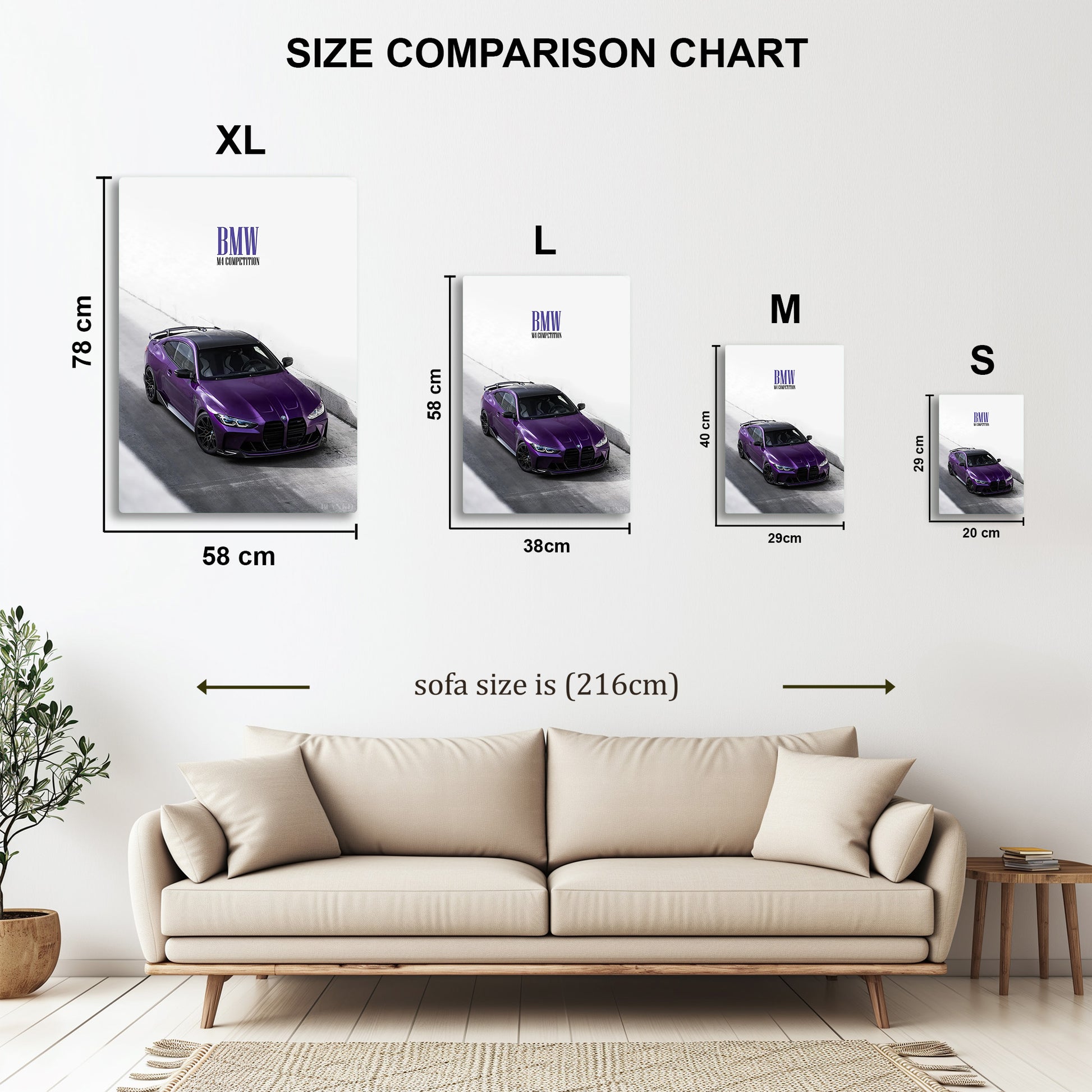 BMW M4 Competition Purple metal wall art in styled room setting