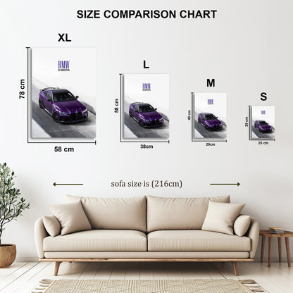 BMW M4 Competition Purple metal wall art in styled room setting