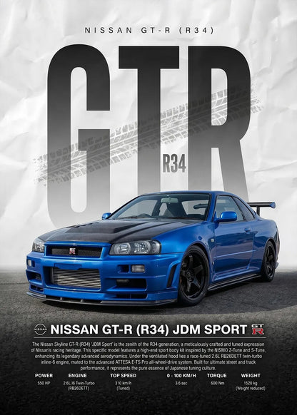 Nissan GT-R R34 Blue metal poster artwork