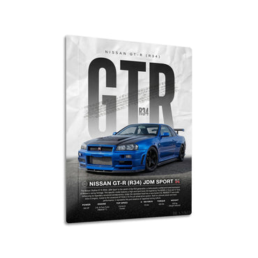 Nissan GT-R R34 Blue metal poster on living room wall