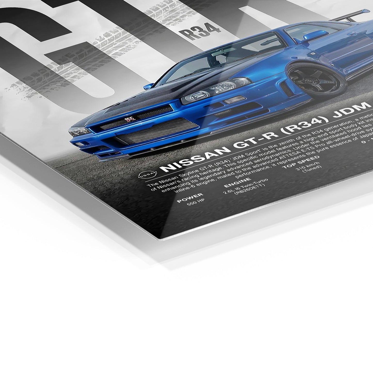 Nissan GT-R R34 Blue metal wall art in a modern interior