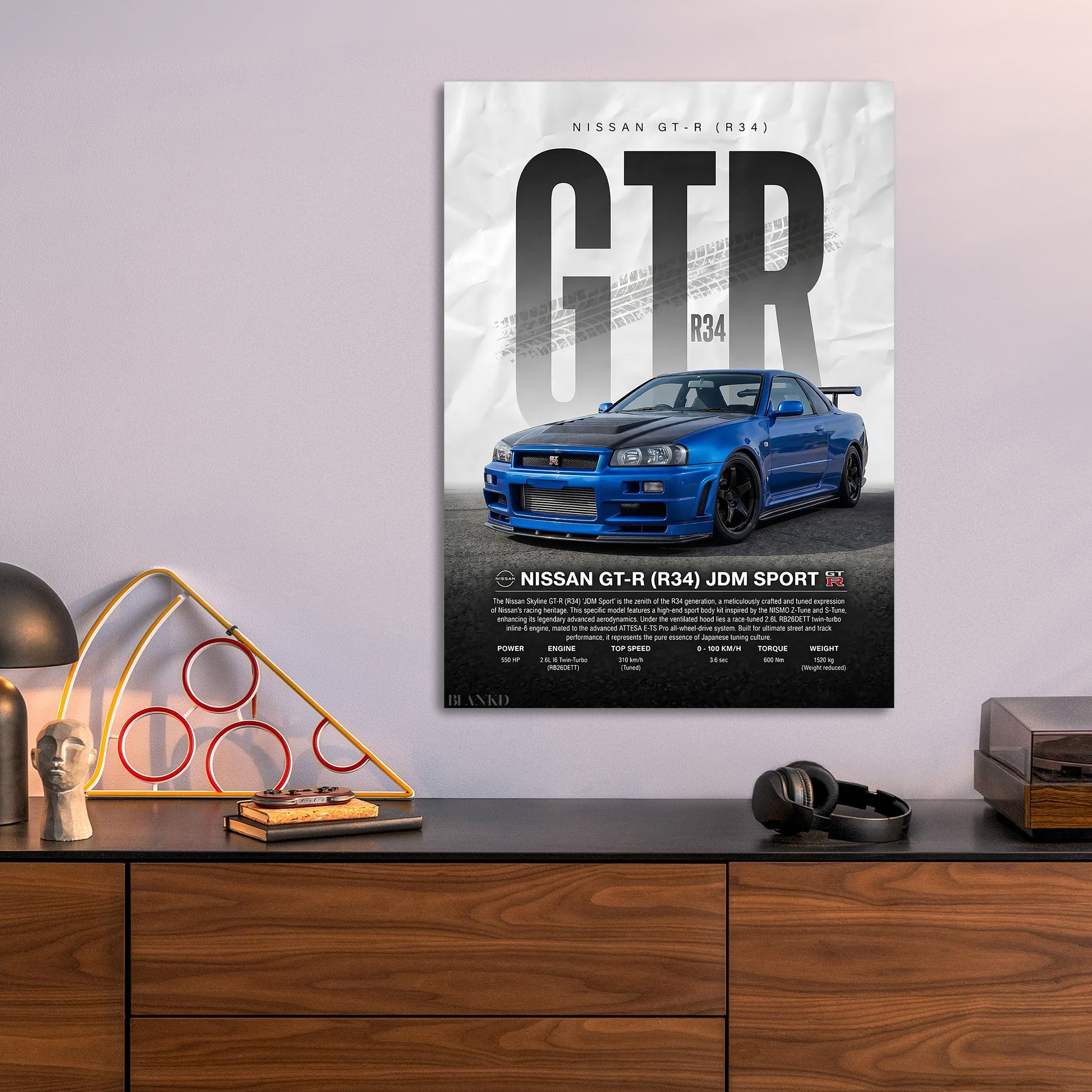 Nissan GT-R R34 Blue metal poster size comparison