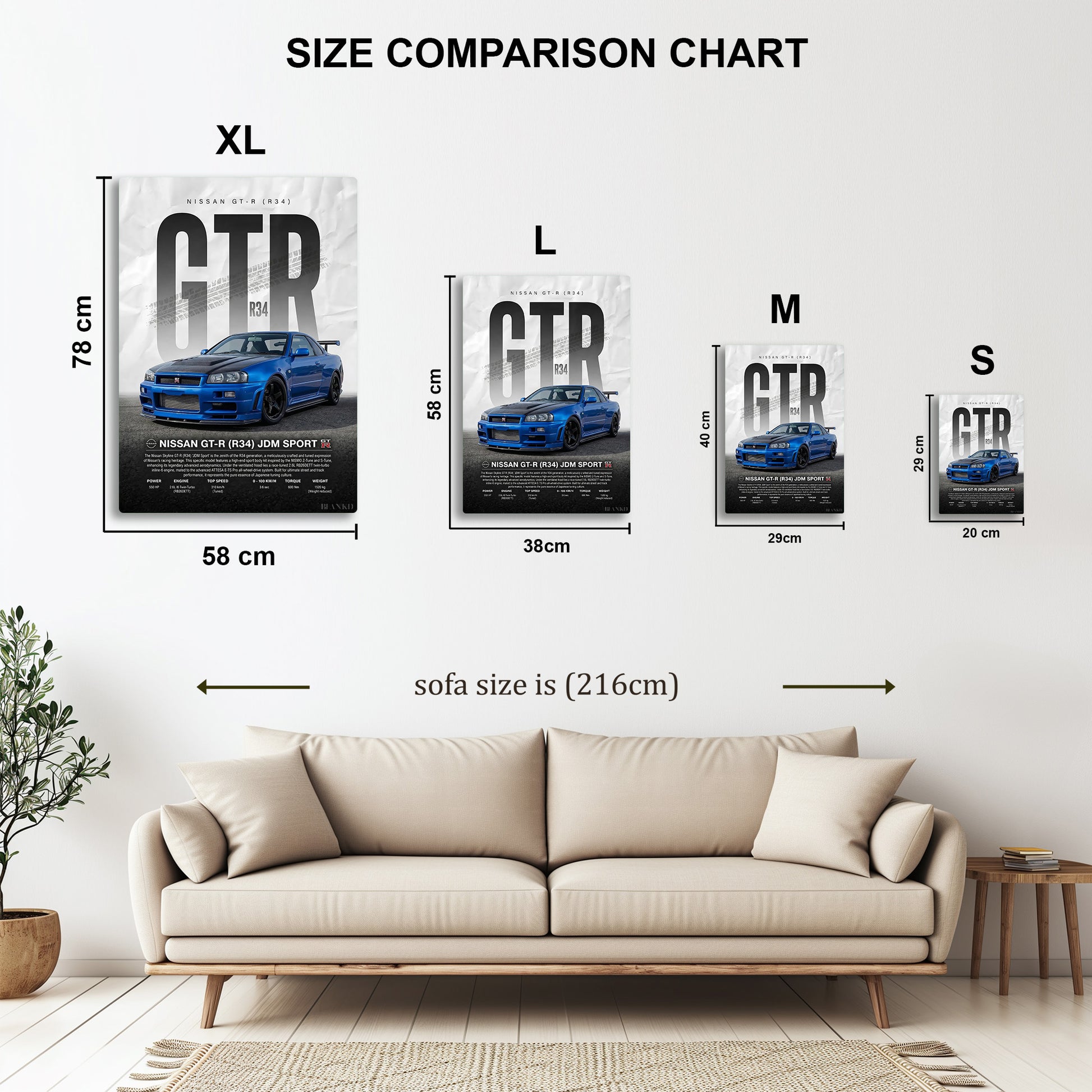 Nissan GT-R R34 Blue metal wall art in styled room setting